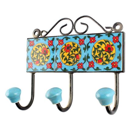 Turquoise Red Flower Ceramic Tiles Hooks